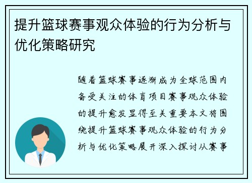 提升篮球赛事观众体验的行为分析与优化策略研究 提升篮球赛事观众体验的行为分析与优化策略研究