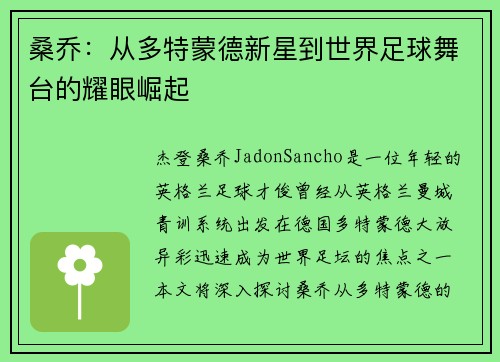 桑乔：从多特蒙德新星到世界足球舞台的耀眼崛起