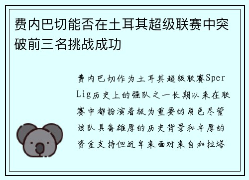 费内巴切能否在土耳其超级联赛中突破前三名挑战成功