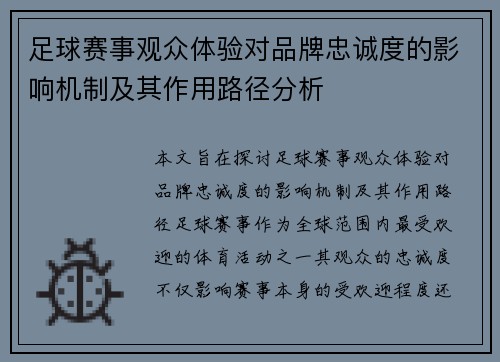 足球赛事观众体验对品牌忠诚度的影响机制及其作用路径分析 足球赛事观众体验对品牌忠诚度的影响机制及其作用路径分析